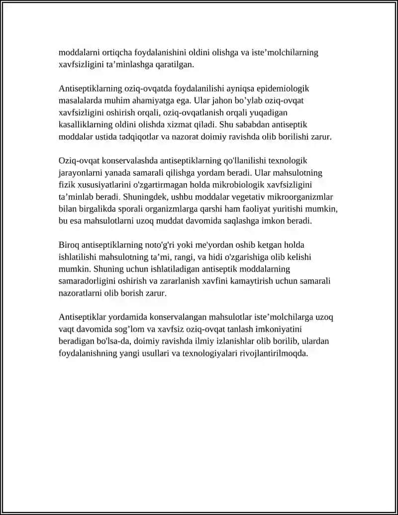 ANTISEPTIKLARNI OZIQ OVQAT MAHSULOTLARINI KONSERVALASHDA ISHLATILISHI 4