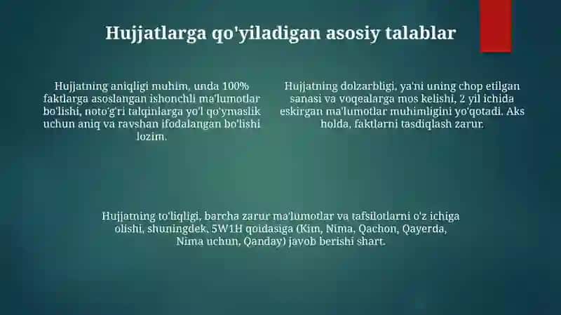 Ish hujjatlari va ularga qo'yiladigan asosiy talablar, hujjat turlari 4