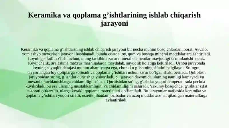 Silikat (keramik , qoplama ) g’isht va toshlardan devorbop materiallar. 4