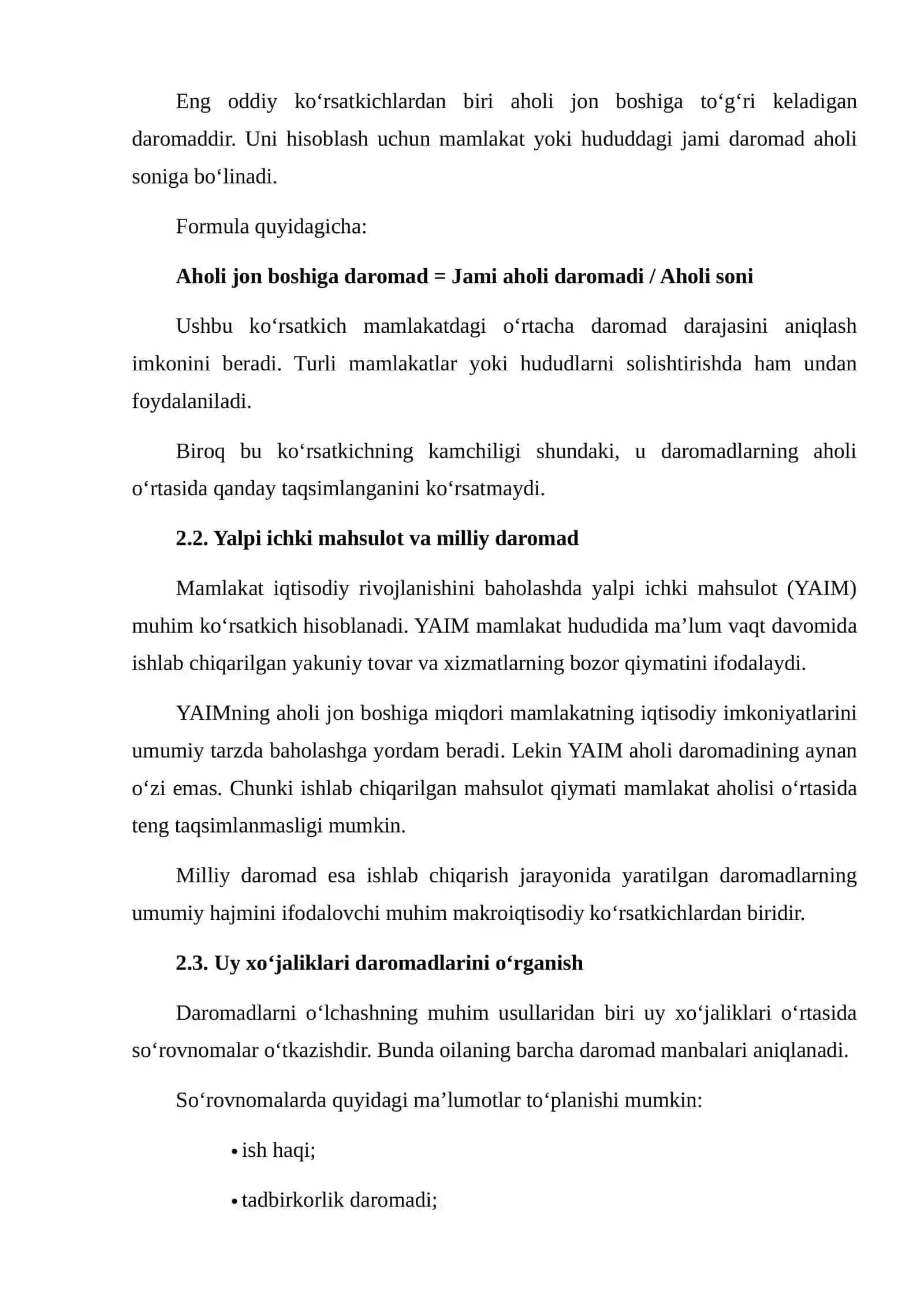 RIVOJLANISH IQTISODIYOTIDA DAROMADLARNI O‘LCHASH USULLARI BO‘YICHA MA’LUMOTLAR TO‘PLASH VA TAHLIL QILISH 4