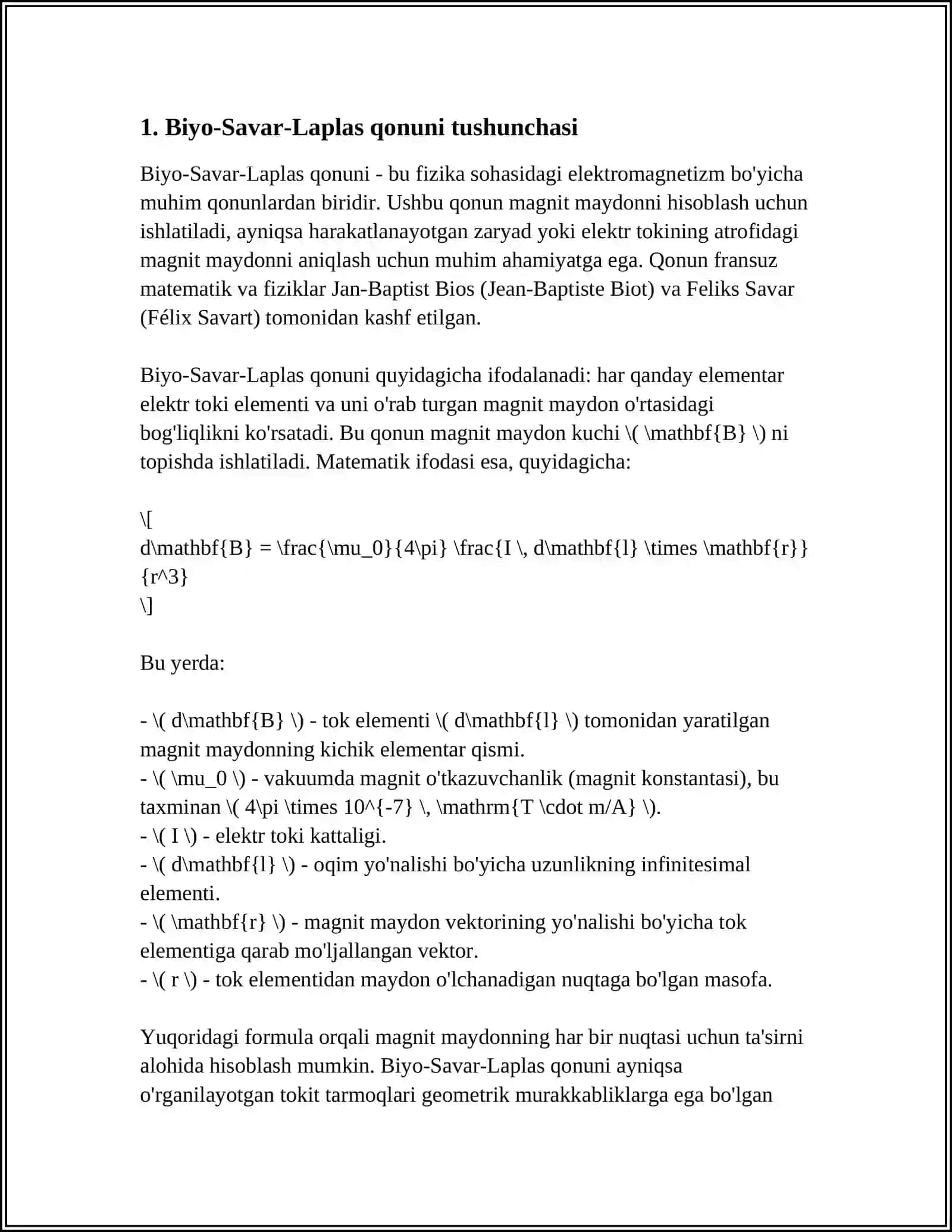BIO-SAVAR-LAPLAS QONUNI.HARAKATLANUVCHI ZARYADNING MAGNIT MAYDONI 4
