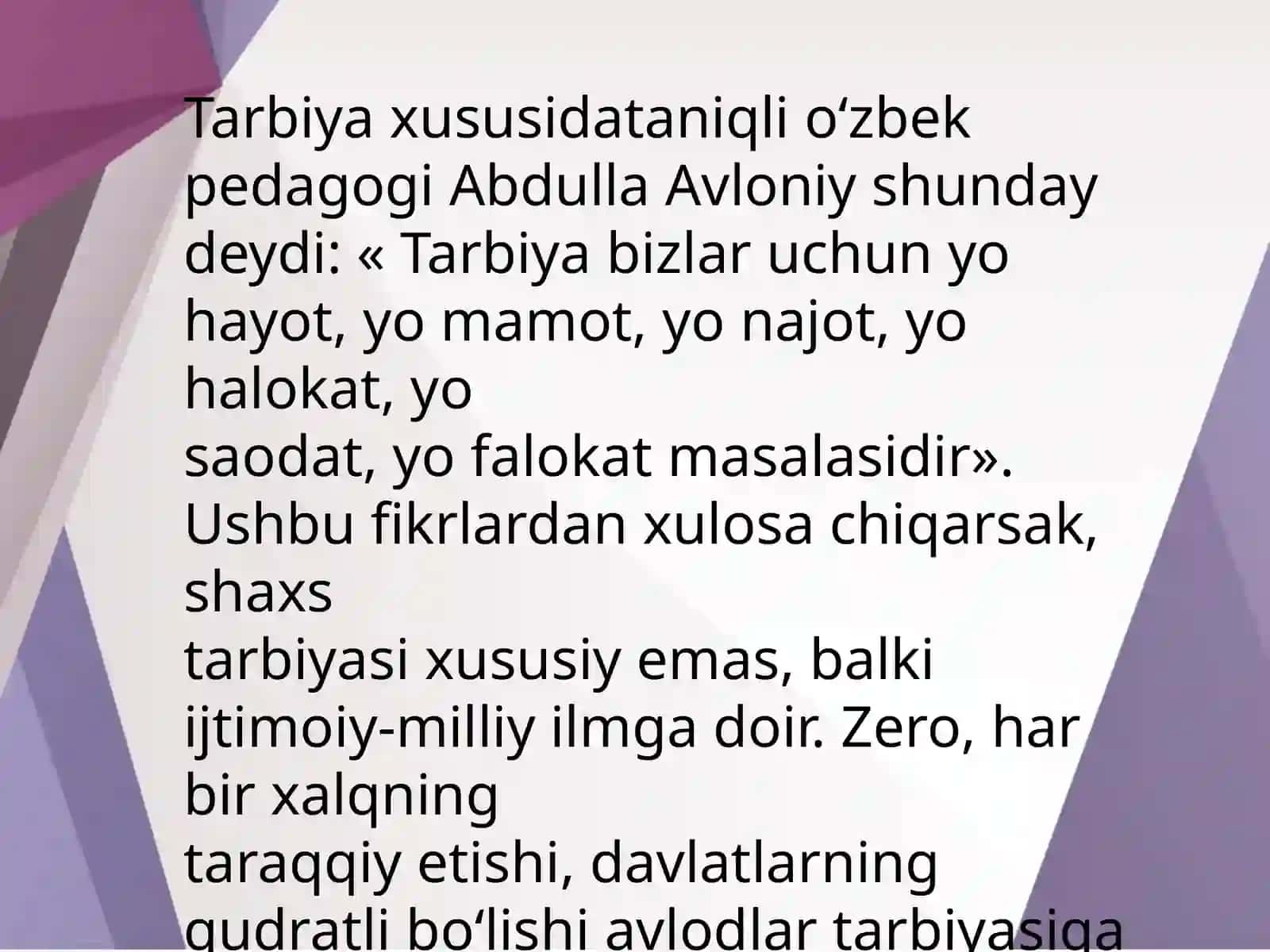 Tarbiya jarayonining mohiyati va mazmuni.Tarbiya qonuniyatlari va tamoyillari. Jamoa tarbiya obyekti va subyekti sifatida. Tarbiyaning umumiy metodlari 4