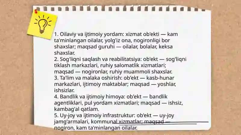 Ijtimoiy xizmatning 5ta yo'nalishini solishtiruvchi jadval 4
