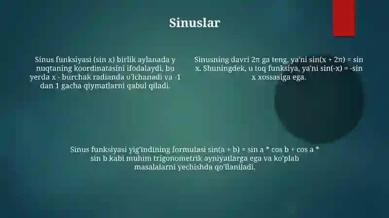 α va - α Burchaklarning sinusi, kosinusi, tangensi va kotangensi 4