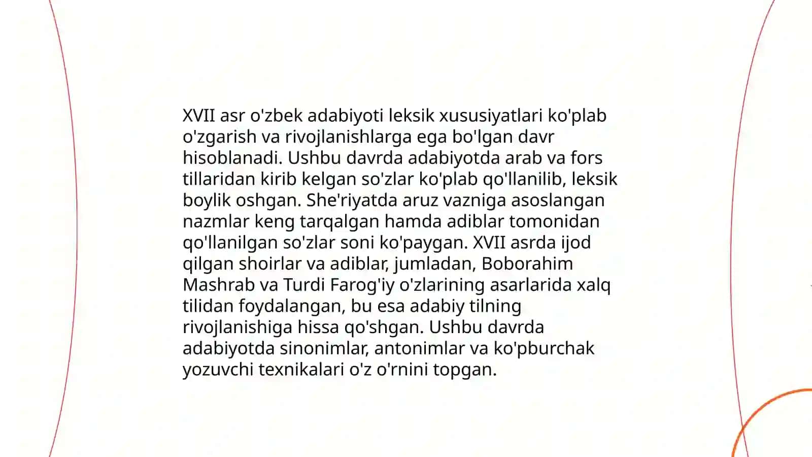 XVII-XIX asrlarda yaratilgan asarlar tili fonetikasi, leksikologiyasi, morfologiyasi, sintaksisi 4