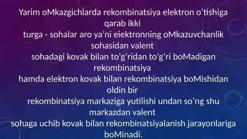 Yarimo,tkazgichlarda  nomuvozanat  zaryad tashuvchilarning rekombinatsiyasi 4