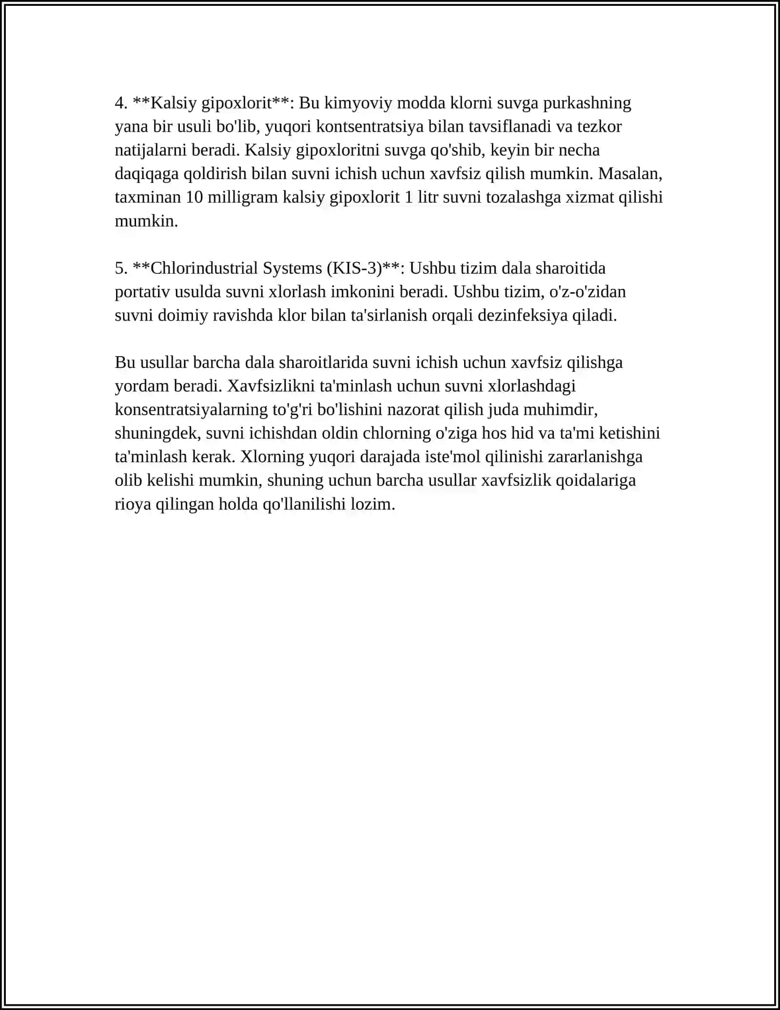 DALA SHAROITIDA SUVNI ODDIY USULDA XLORLASH, KAUGULYANT DOZASINI ANIQLASH, SUVNI ZARARSZLANTIRISH UCHUN TABLETKANI YAROQLIGINI ANIQLASH 4