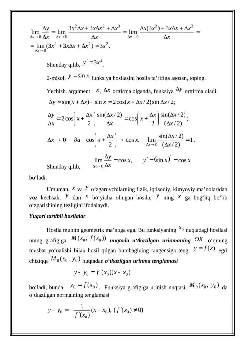 Oshkormas va parametrik ko’rinishda berilgan funksiyalarning yuqori tartibli hosilalari 4