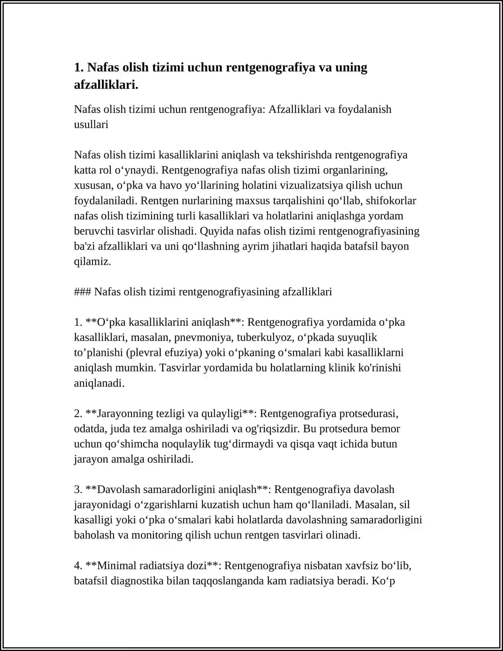 NAFAS OLISH TIZIMI VA KO'KRAK QAFASI KASALLIKLARI UCHUN RADIATSIYA TEKSHIRUVI USULLARI, ULARNING AFZALLIKLARI VA KAMCHILIKLARI, O'QISH VA KONTRENDIKATSIYASI. O'PKA VA KO'KRAK QAFASINING RADIATSION ANATOMIYASI 4