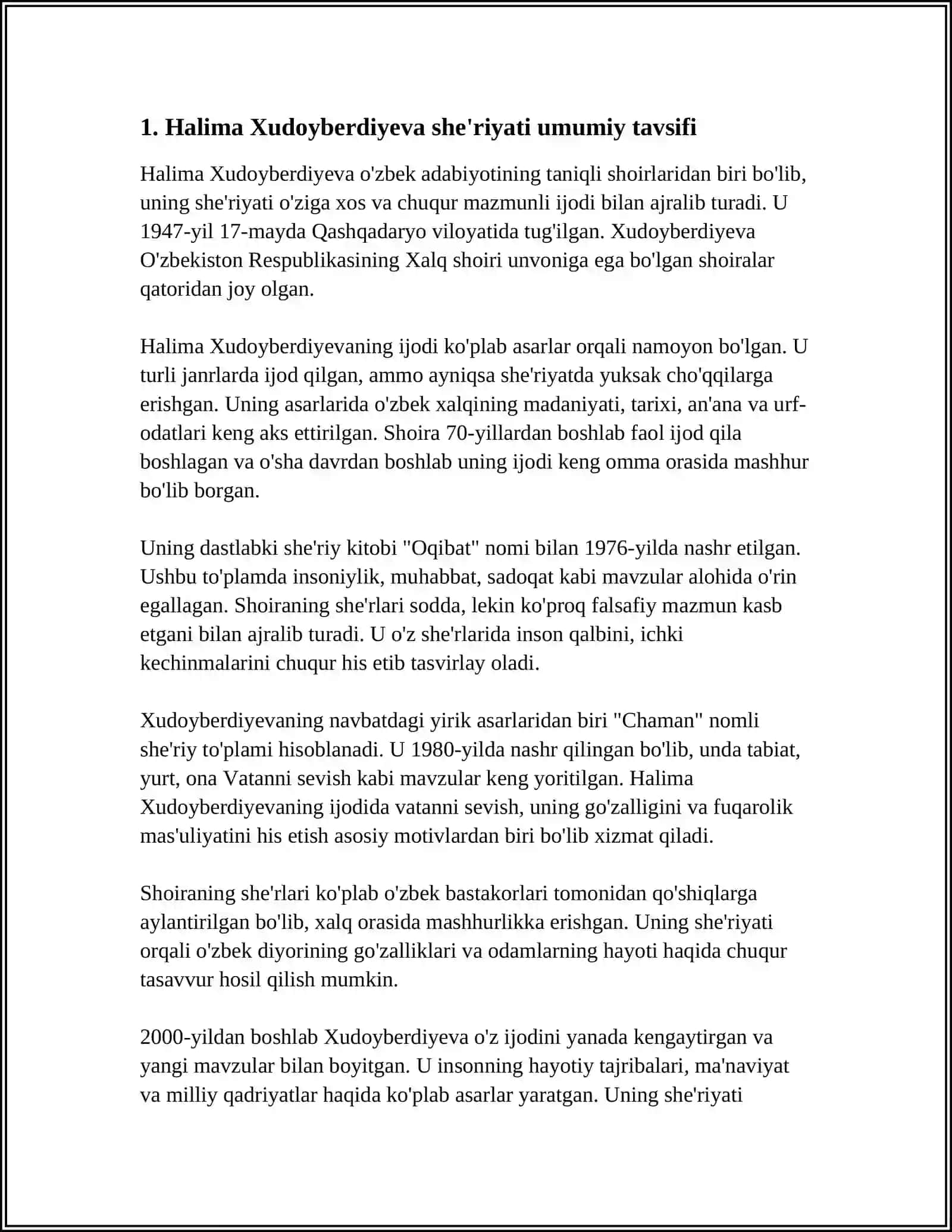 HALIMA XUDOYBERDIYEVA "DORILOMON KUNLAR KELDI", "UYG'ON" SHEʼRLARI TAHLILI 4