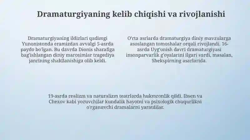 Dramaturgiya va uning janrlari haqida maʼlumot berish 4