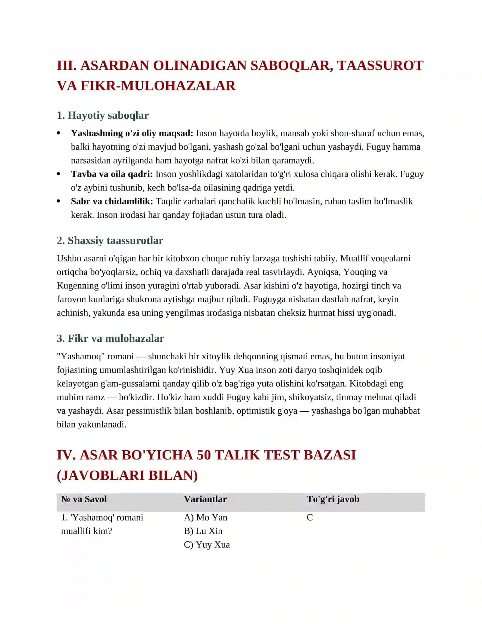 "YASHAMOQ" ROMANI BO'YICHA TO'LIQ TAHLILIY QO'LLANMA VA TESTLAR 4