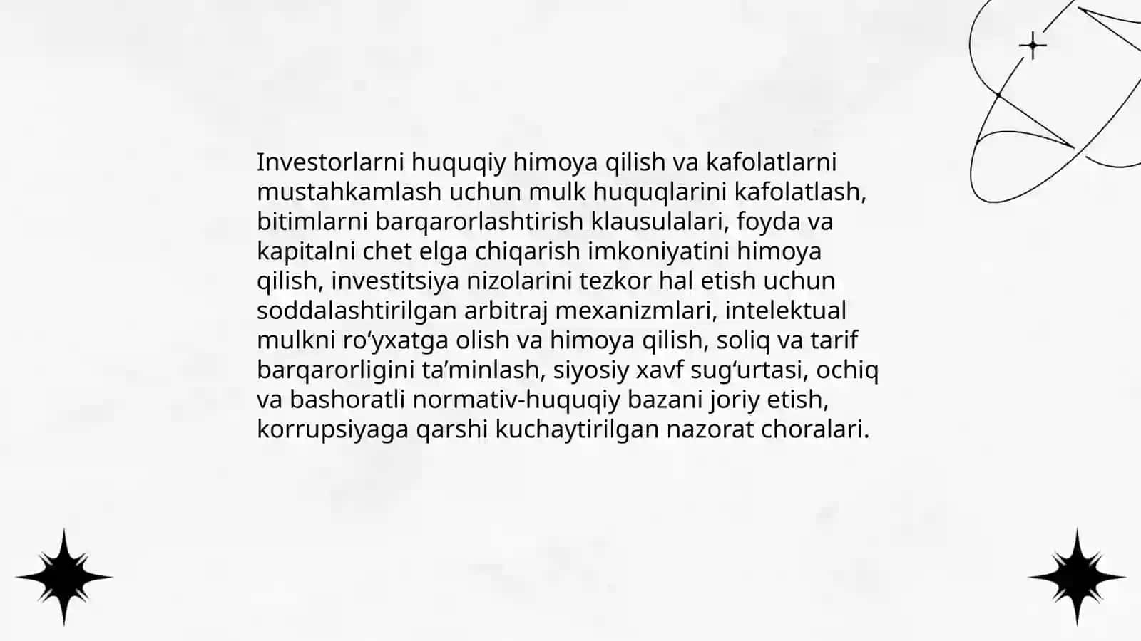 O'zbekiston Respublikasida qulay investitsiya muhitini muntazam ravishda yaxshilab borish vazifalari 4