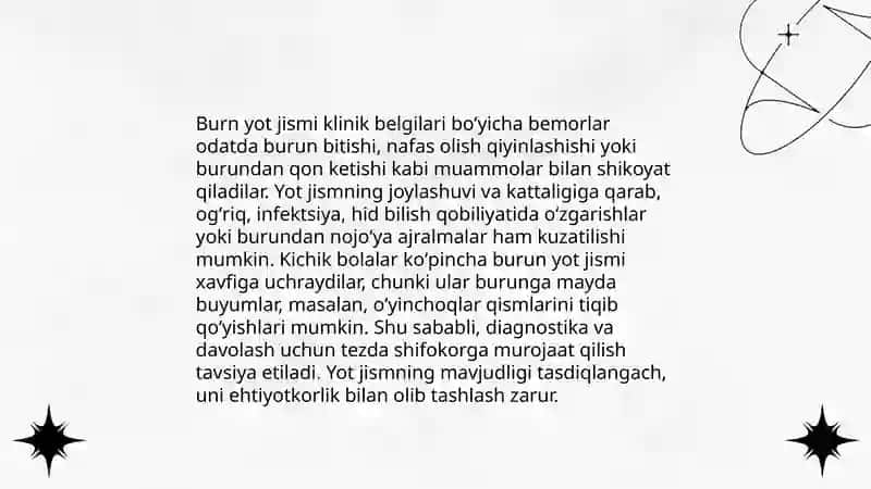 Burun yot jismi etiologiyasi, klinikasi, tashxislash, differensial tashxislash, davolash 4