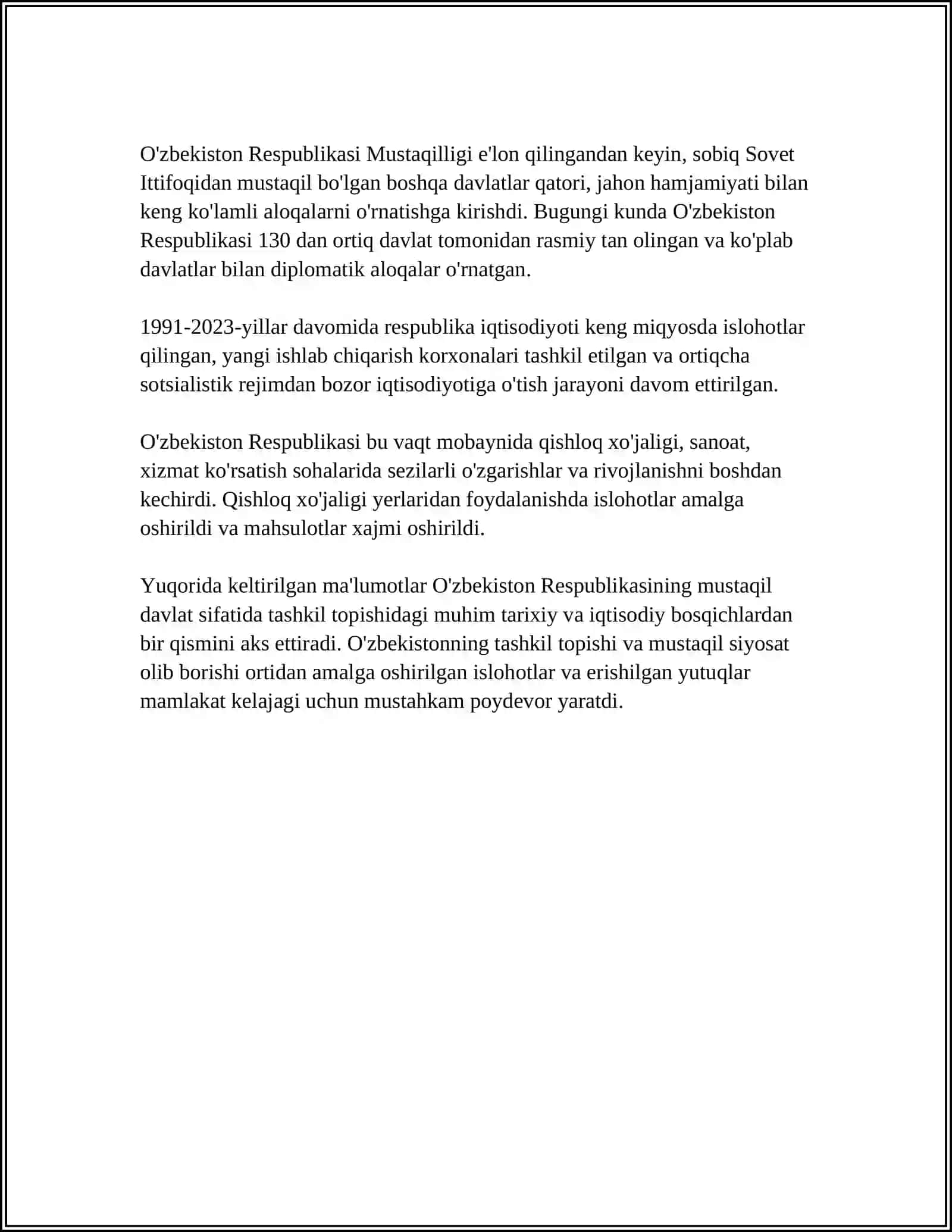 MUSTAQIL OʻZBEKISTON RESPUBLIKASINING TASHKIL TOPISHINING TARIXIY AHAMIYATI. OʻZBEKISTONNING OʻZIGA XOS IQTILOL VA TARAQQIYOTI YOʻLI 4