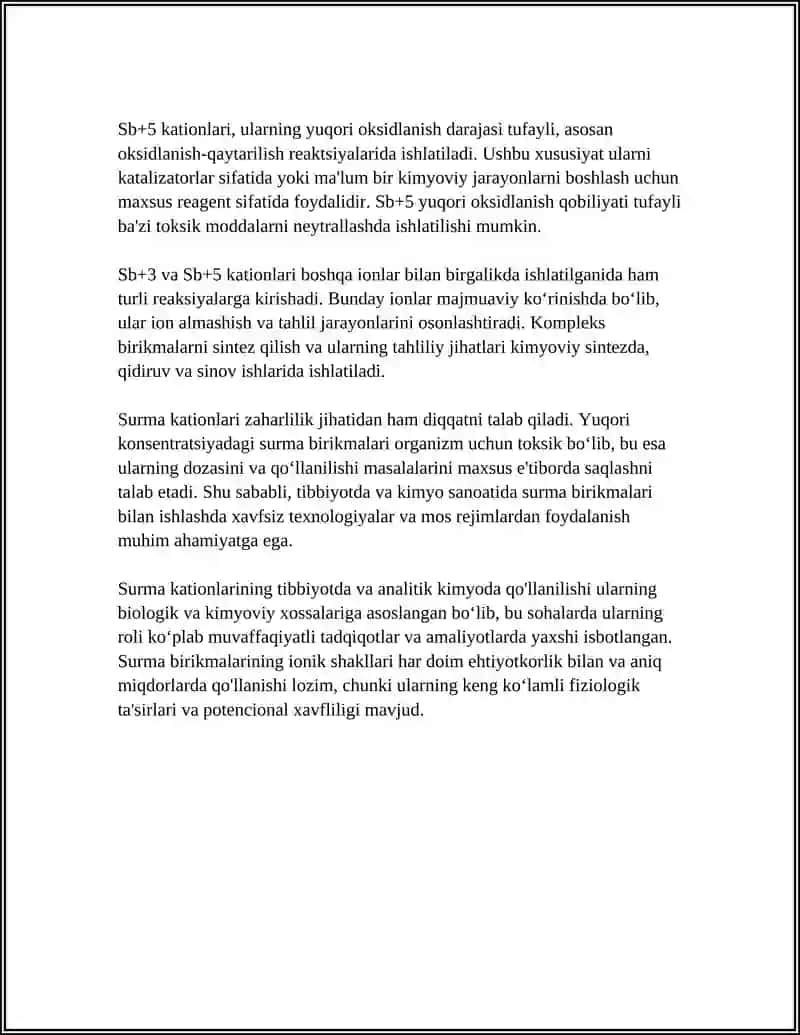 Sb+3 va Sb+5 kationlarining tibbiyotdagi umumiy xususiyatlari 4