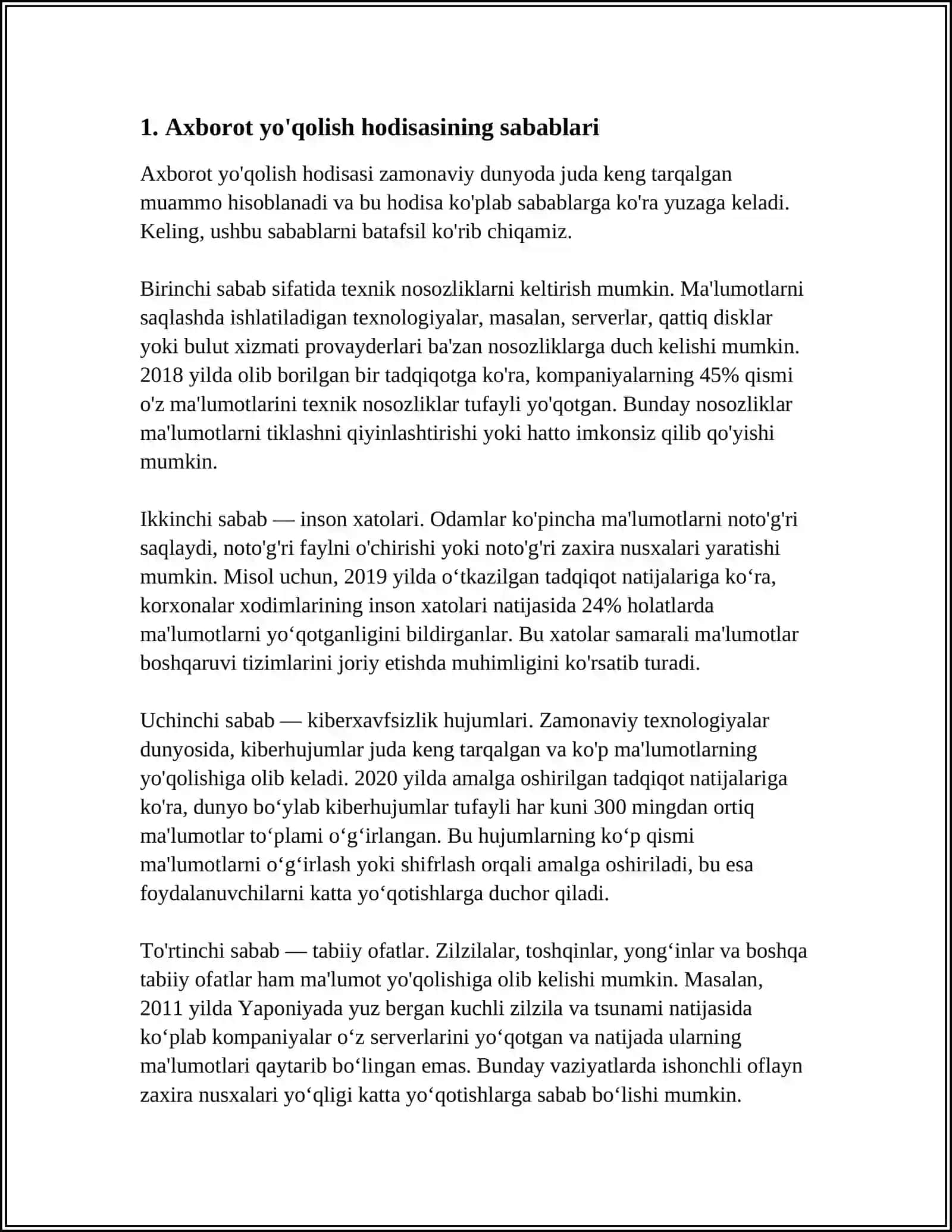 AXBOROT YO'QOLISH HODISASI VA BUNDAY HODISANI SPORADIK TIZIMLARDA BARTARAF QILISH TAMOYILLARI 4