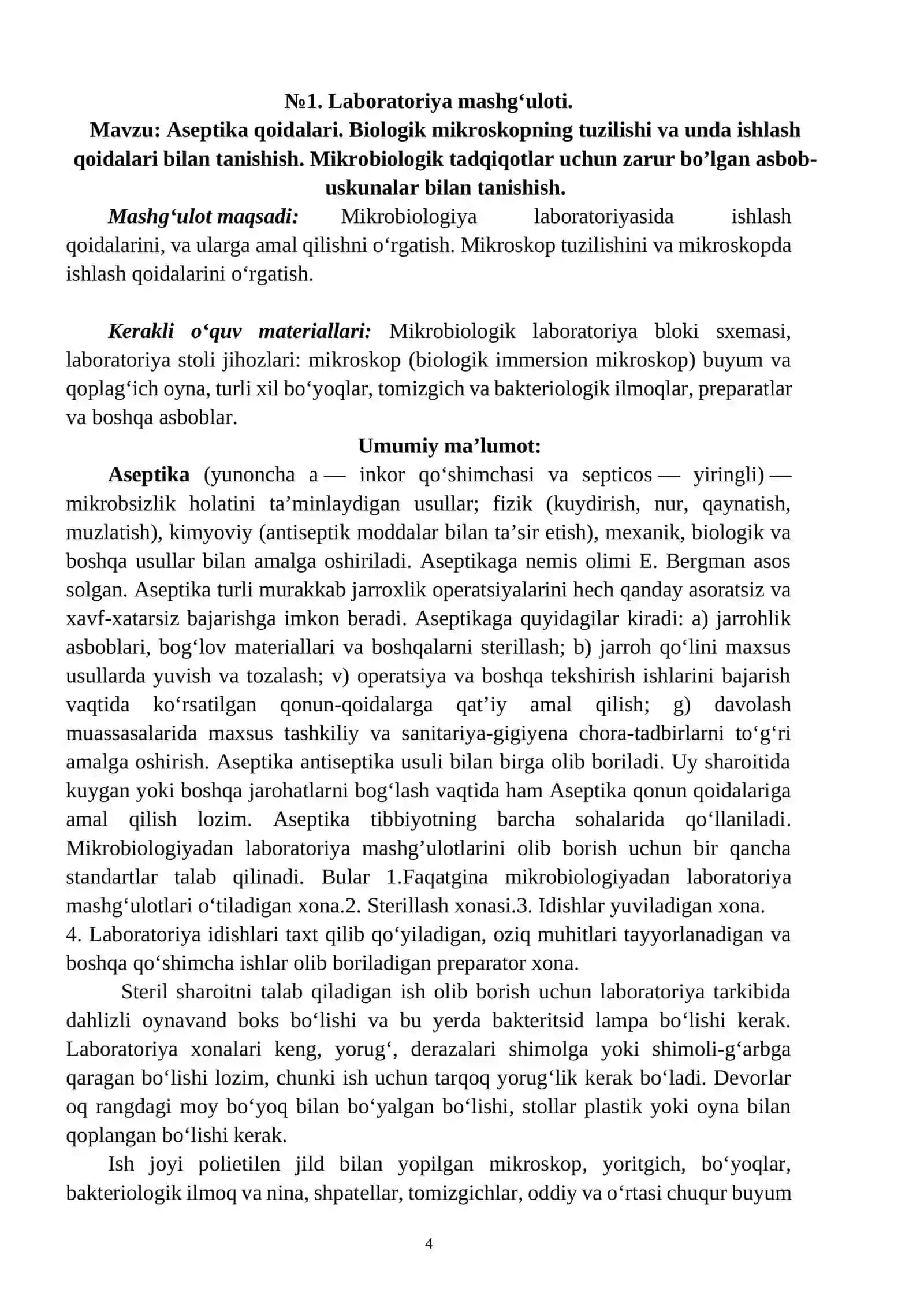 "Mikrobiologiya va virusologiya" laboratoriya mashg'uloti 4