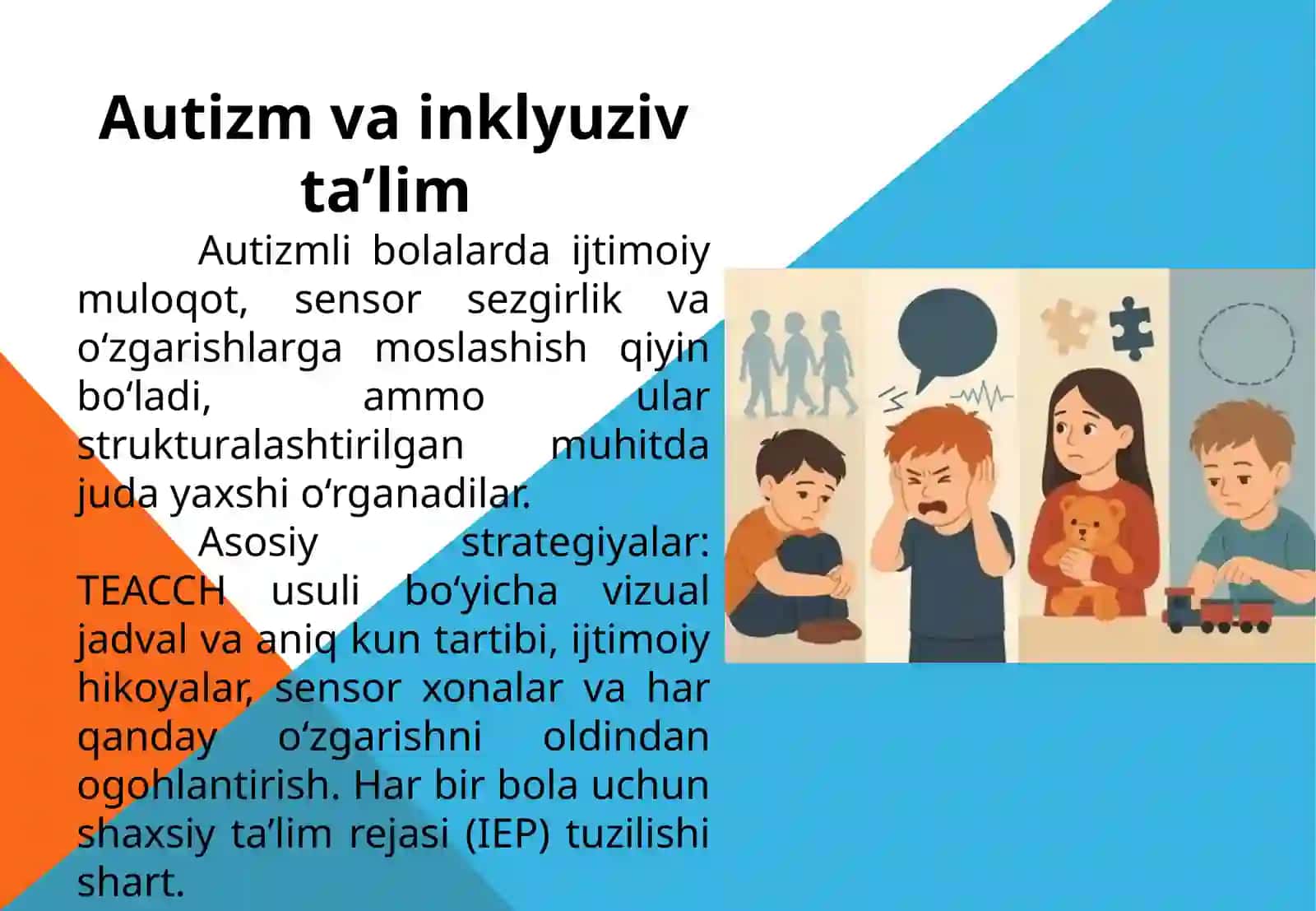 Daun sindromi, Autizm va ruxiy xolati sustlashgan bolalar uchun inklyuziv ta’lim strategiyalari hamda ularni amalga oshirish shart-sharoitlari 4