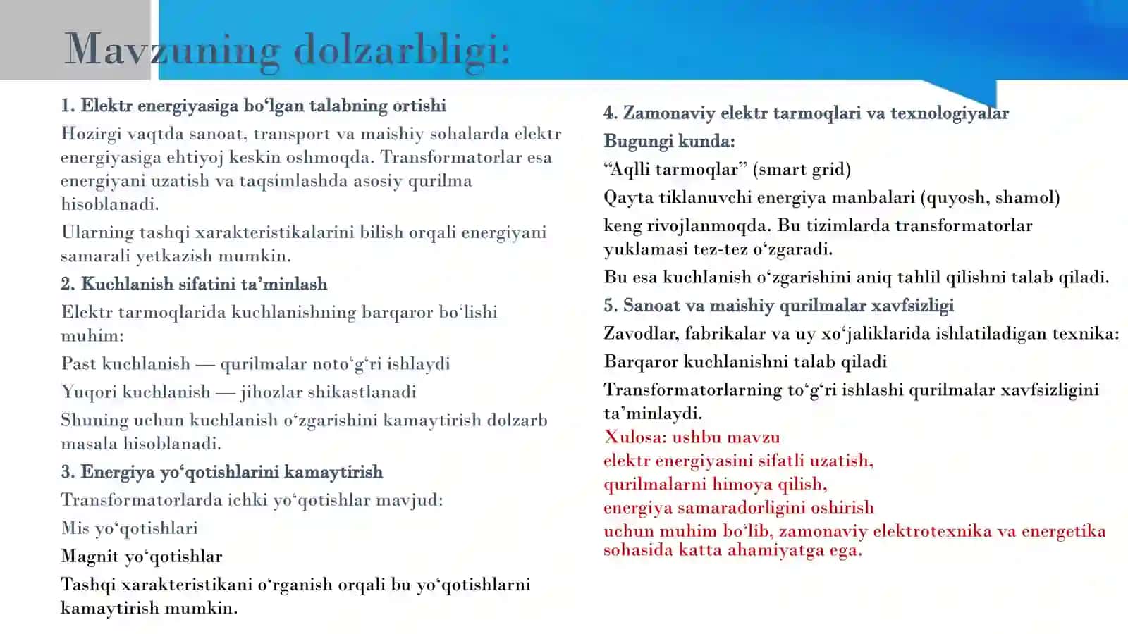 Transformatorlarning tashqi xarakteriskalari va kuchlanish o‘zgarishi 4