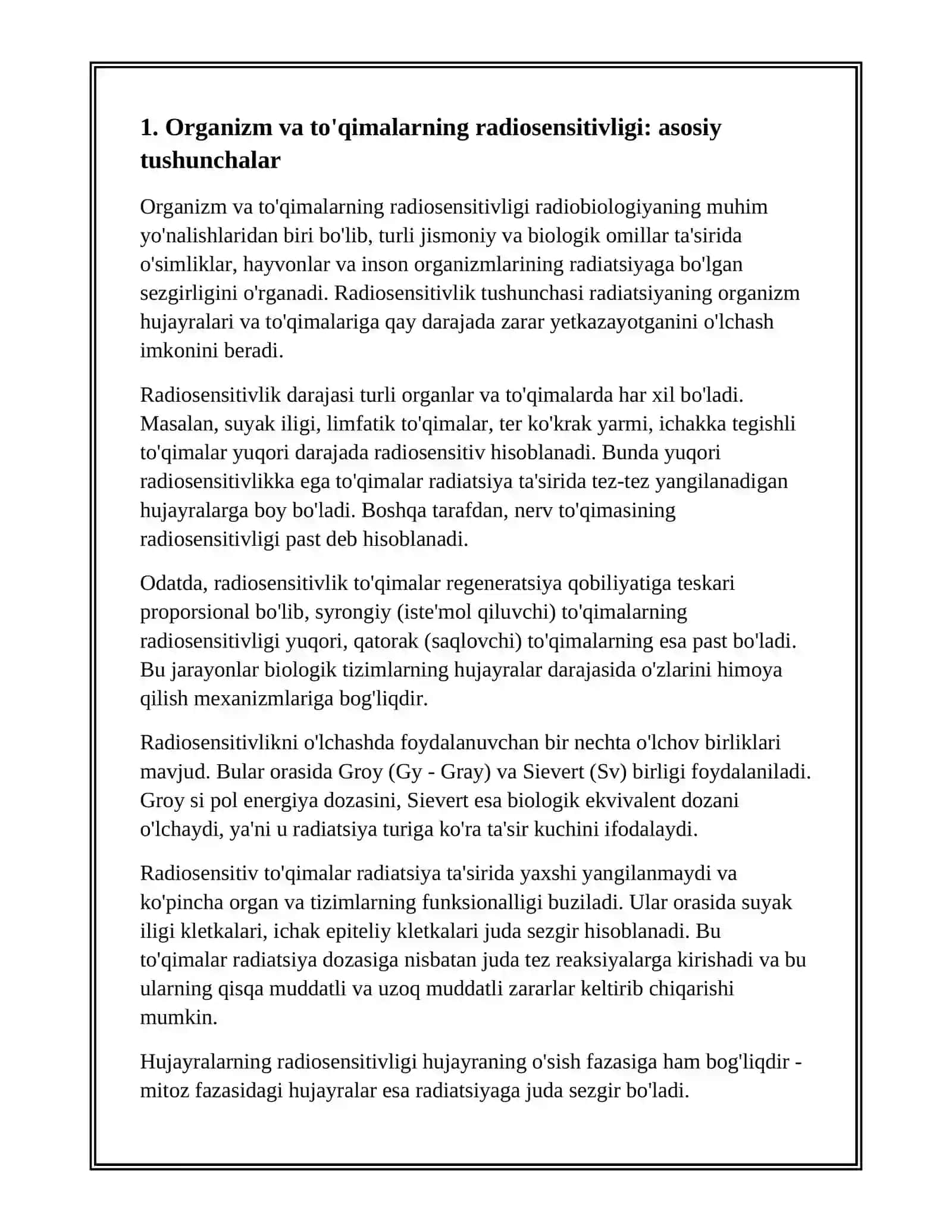 ORGANIZM, ORGAN VA TO‘QIMALARNING RADIOSENZGIRLIGI. KRITIK ORGANLAR. RADIATSION ALOMATLAR: ILK-MIYA, OSHQOZON-ICHAK, SEREBRAL. NUR KASALLIGI. O‘TKIR VA SURUNKALI NUR XASTALIKLARI 4