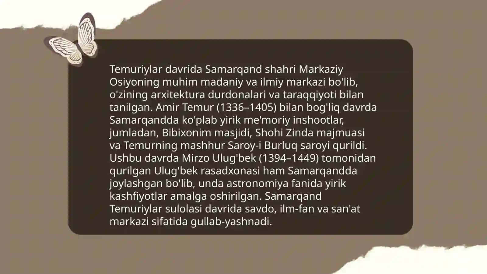 Chigʻatoy va Temuriylar davrida yurtimiz shaharlari 4