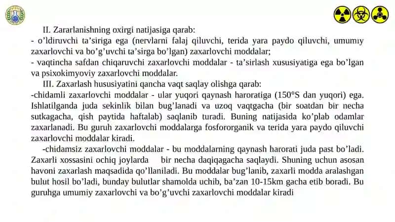 KIMYOVIY QUROL. KIMYOVIY ZАRАRLАNISH О’CHОG’I. KIMYOVIY VAZIYATNI BAHOLASH. 4