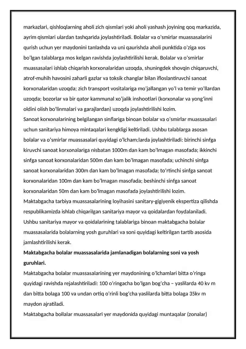 BOLALAR MUASSASALARINI LOYIHALASHTIRISH QURISH VA JIHOZLASHGA BO’LGAN GIGIYENIK TALABLAR 4