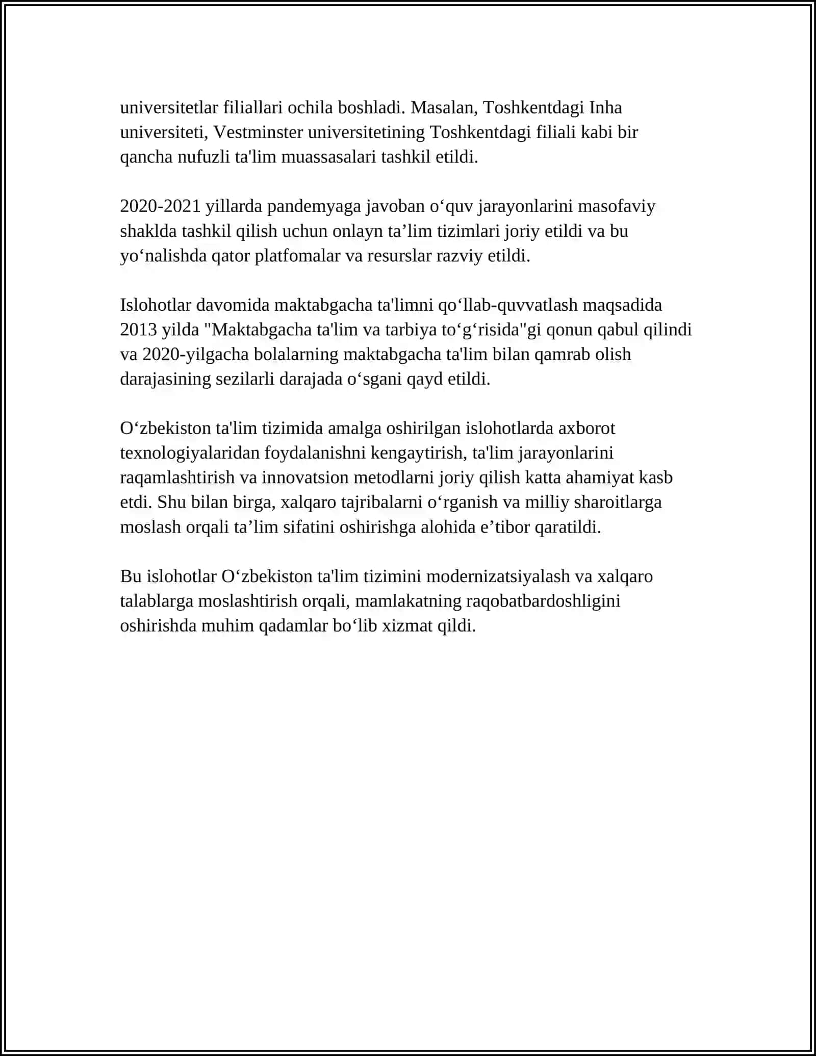 MUSTAQILLIK YILLARIDA OʻZBEKISTONDAGI TAʼLIM SOHASIDA AMALGA OSHIRILGAN ISLOHOTLAR 20TA SOʻZDAN IBORAT KRASVORD TUZING 4