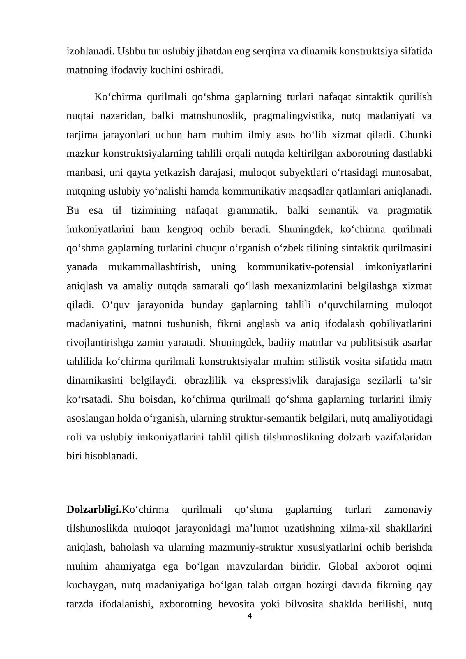 KO‘CHIRMA QURILMALI QO‘SHMA GAPLARNING NAZARIY ASOSLARI VA MATNDAGI FUNKSIONAL-USLUBIY KO‘RINISHLARI 4