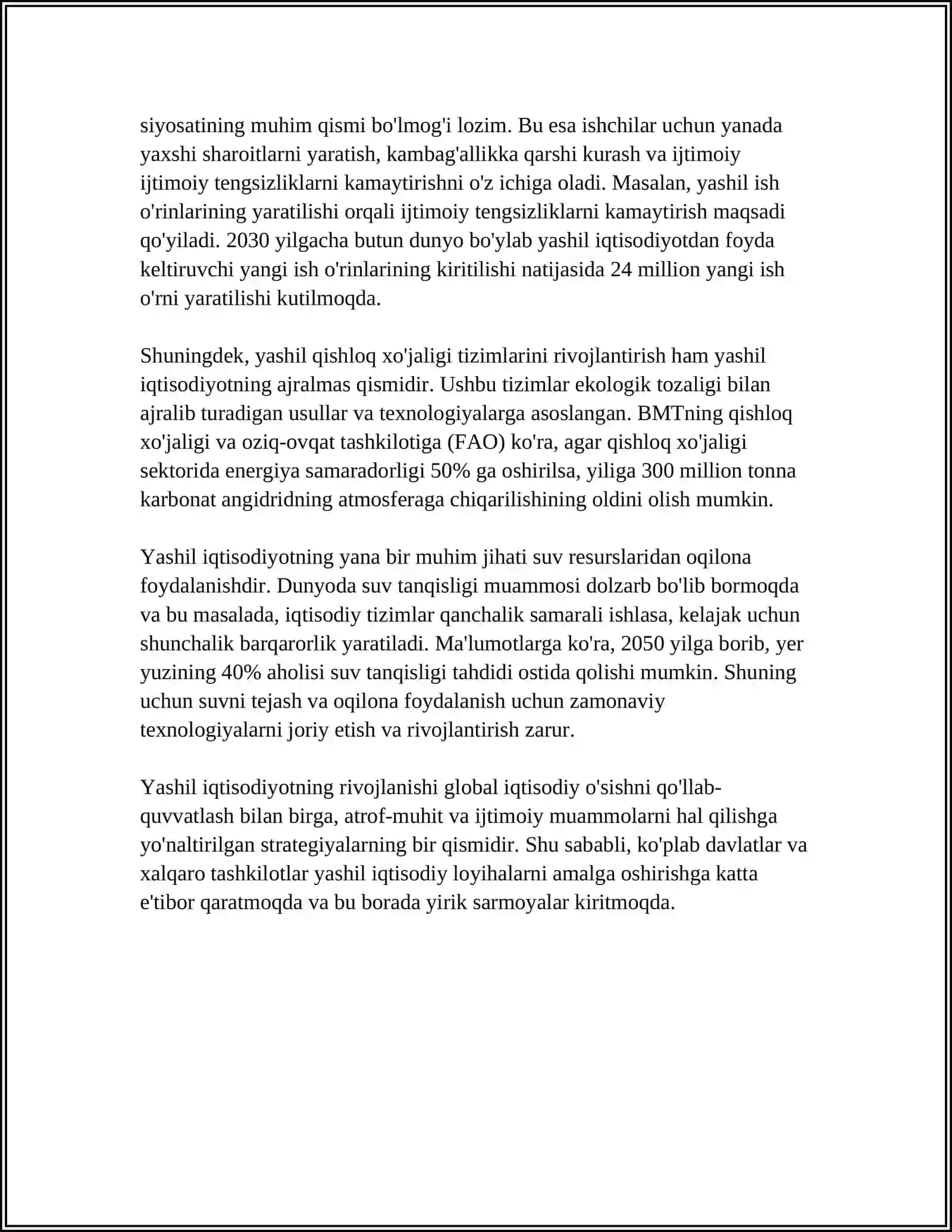 YASHIL IQTISODIYOTGA OʻTISH SIYOSATI HAQIDA MUSTAQIL ISH TAYYORLAB BERING 4