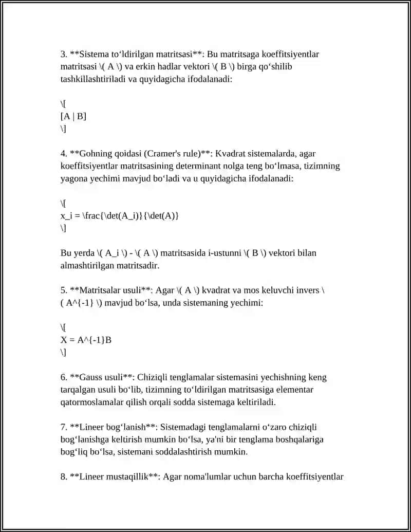 CHIZIQLI ALGEBRAIK TENGLAMALAR SISTEMASI VA UNING YECHIMI 4