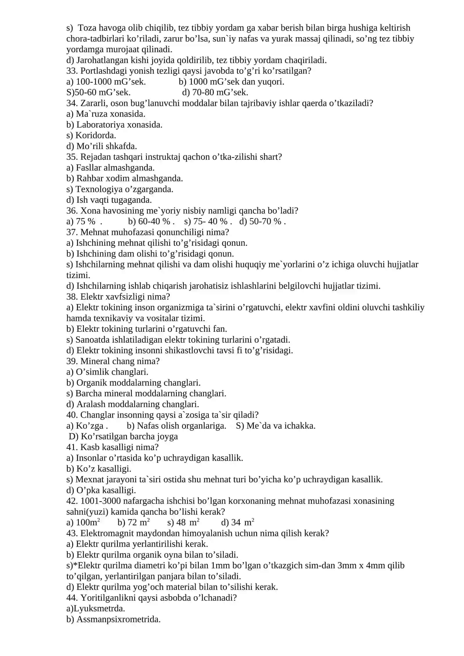 Mehnat muhofazasi va xavfsizlik texnikasi fanidan Yakuniy nazorat savollari 4