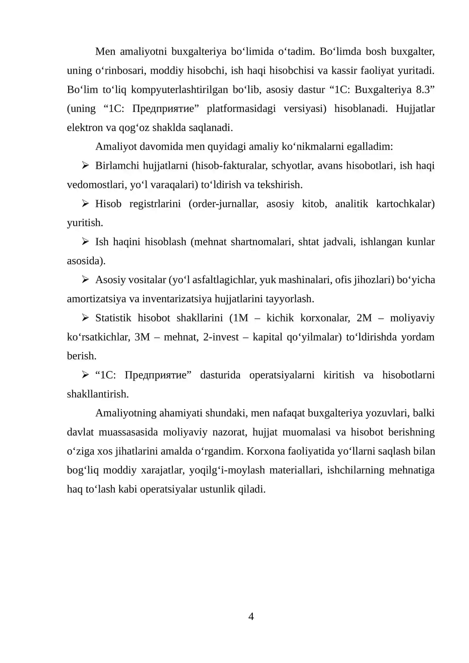 Bo‘stonliq tumani yo‘llardan foydalanish korxonasi davlat muassasasi. Amaliyot hisoboti. 4