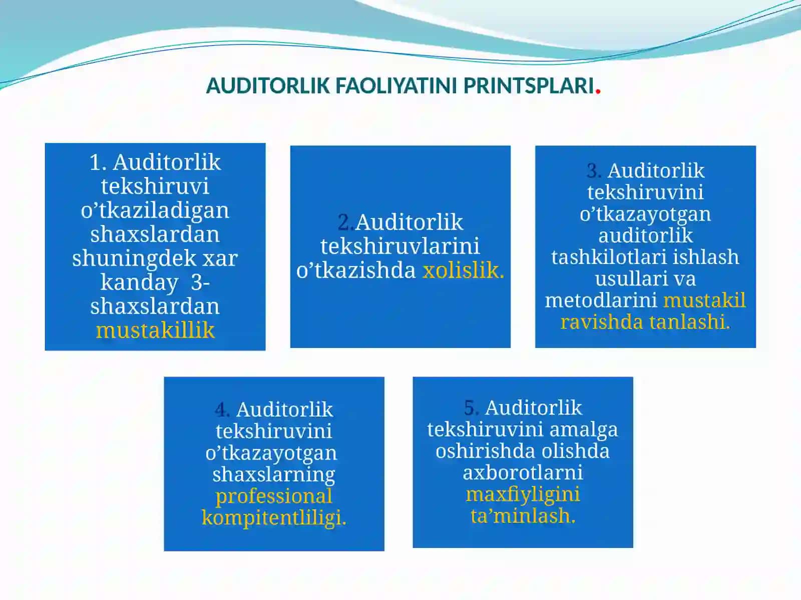 BANK AUDITINING TASHKIL QILINISHI VA TURLARI. BANK AUDITORLARIGA KASBIY ETIKA TALABLARI 4