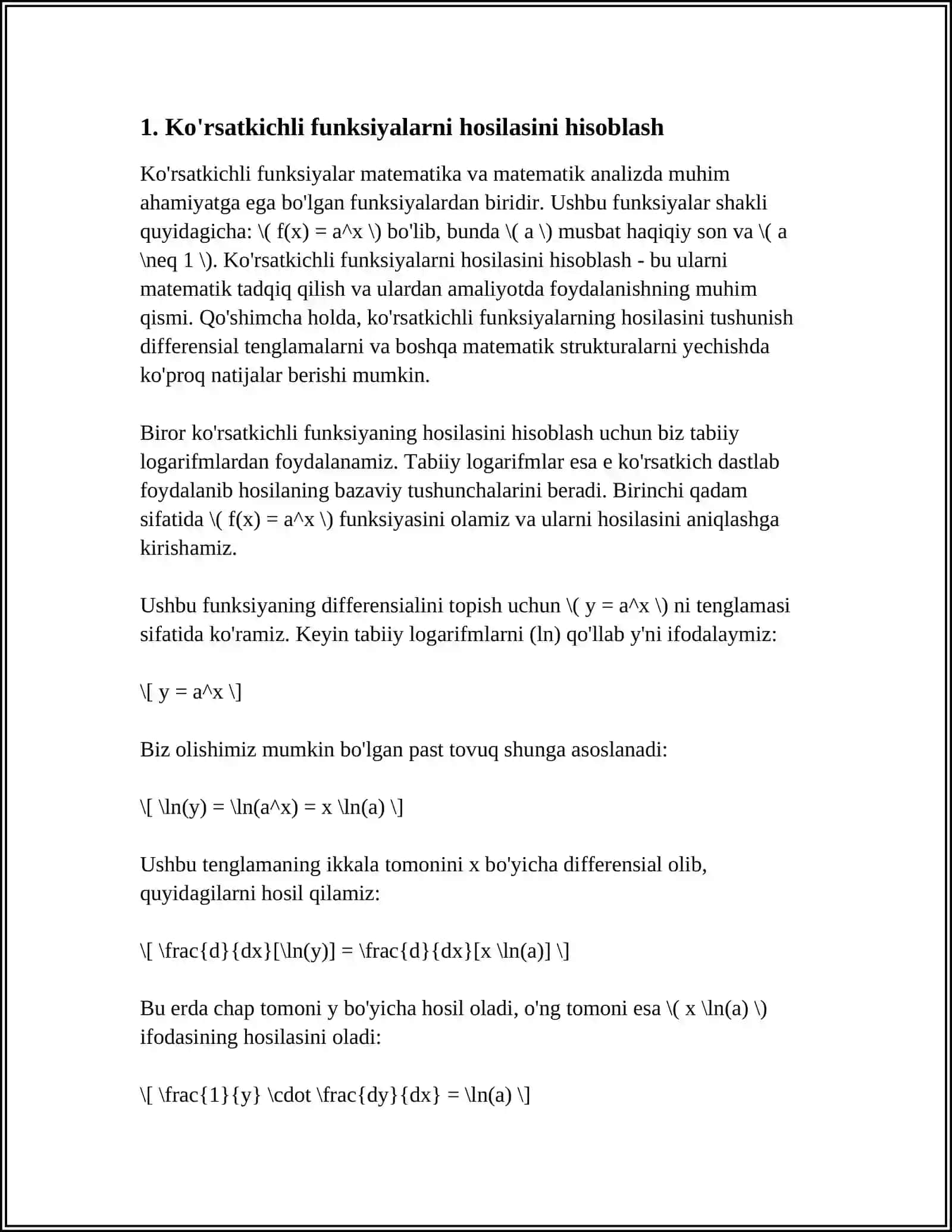 KOʻRSATKICHLI VA GIPERBOLIK FUNKSIYALAR HOSILALARNI HISOBLASH 4
