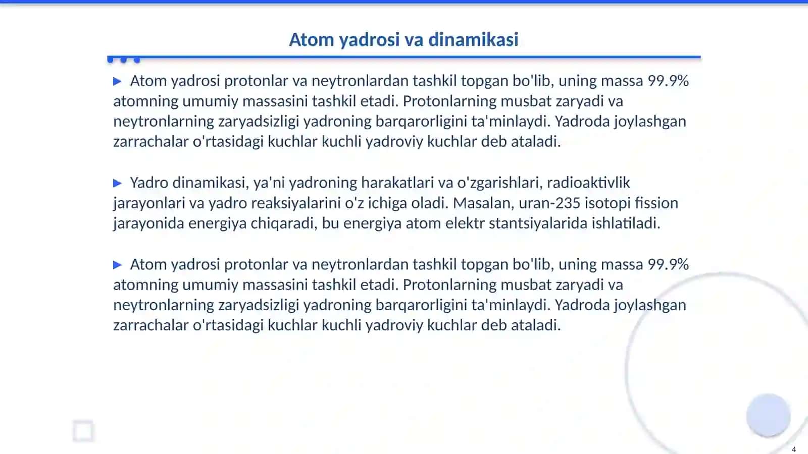 Atom va atom yadrosi fizikasi. Yorugʻlikning kvant tabiati va zarrachalarning toʻlqin xossalari 4