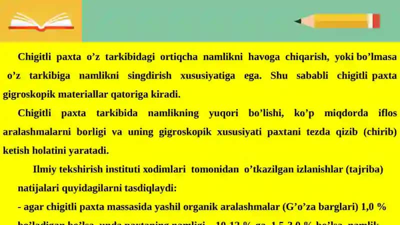 Paxtani qabul qilish va uning transportyor lentasiga bir maromda uzatish jarayonlarida sifatga ta’sirini о‘rganish 4