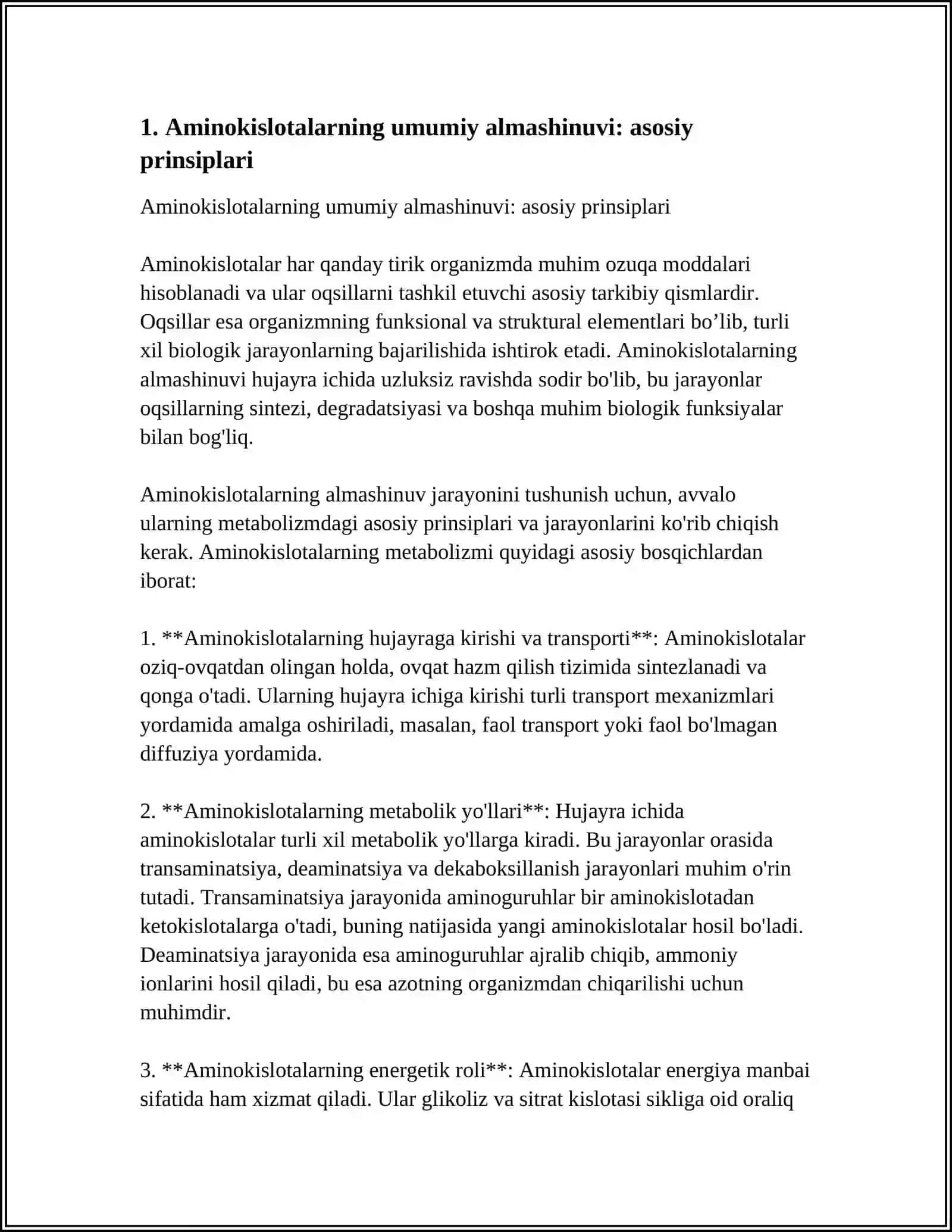 AMINOKISLOTALAMING UMUMIY ALMASHINUVI: DEZAMINLANISH, TRANSAMINLANISH, DEKARBOKSILLANISH, SIYDIKNI KREBS SIKLI BO’YINCHA SINTEZI 4