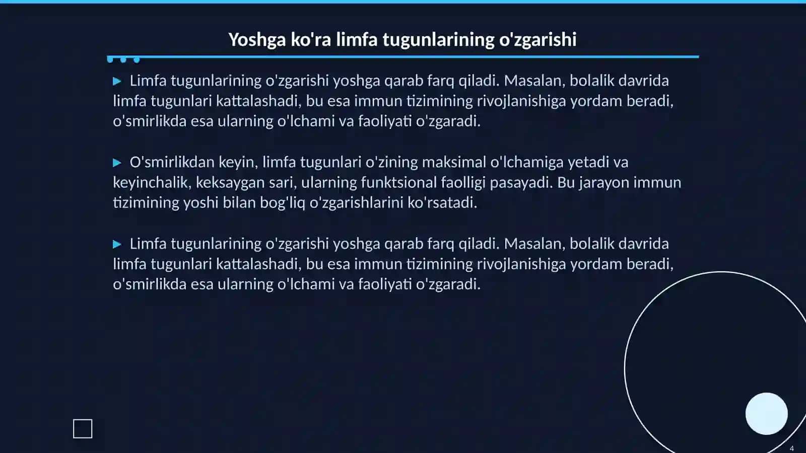 Limfa tugunlarining yoshga ko'ra o'zgarishi va regeneretsiyasi. Timusdagi T-lim fotsitlarning yetilish Jarayoni (antigenga bog liq bo'Imagan immunogenez) 4