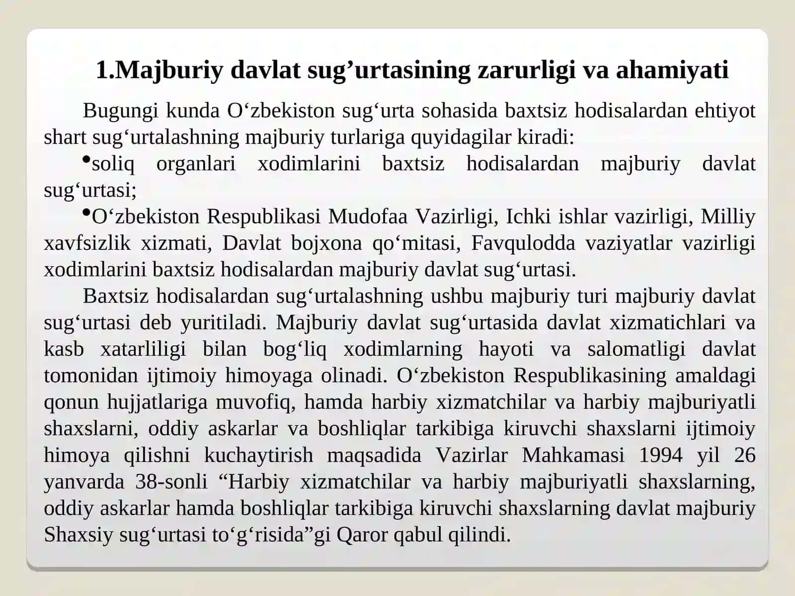 Majburiy davlat sug’urta turlari va ularni o’ziga xos xususiyatlari 4