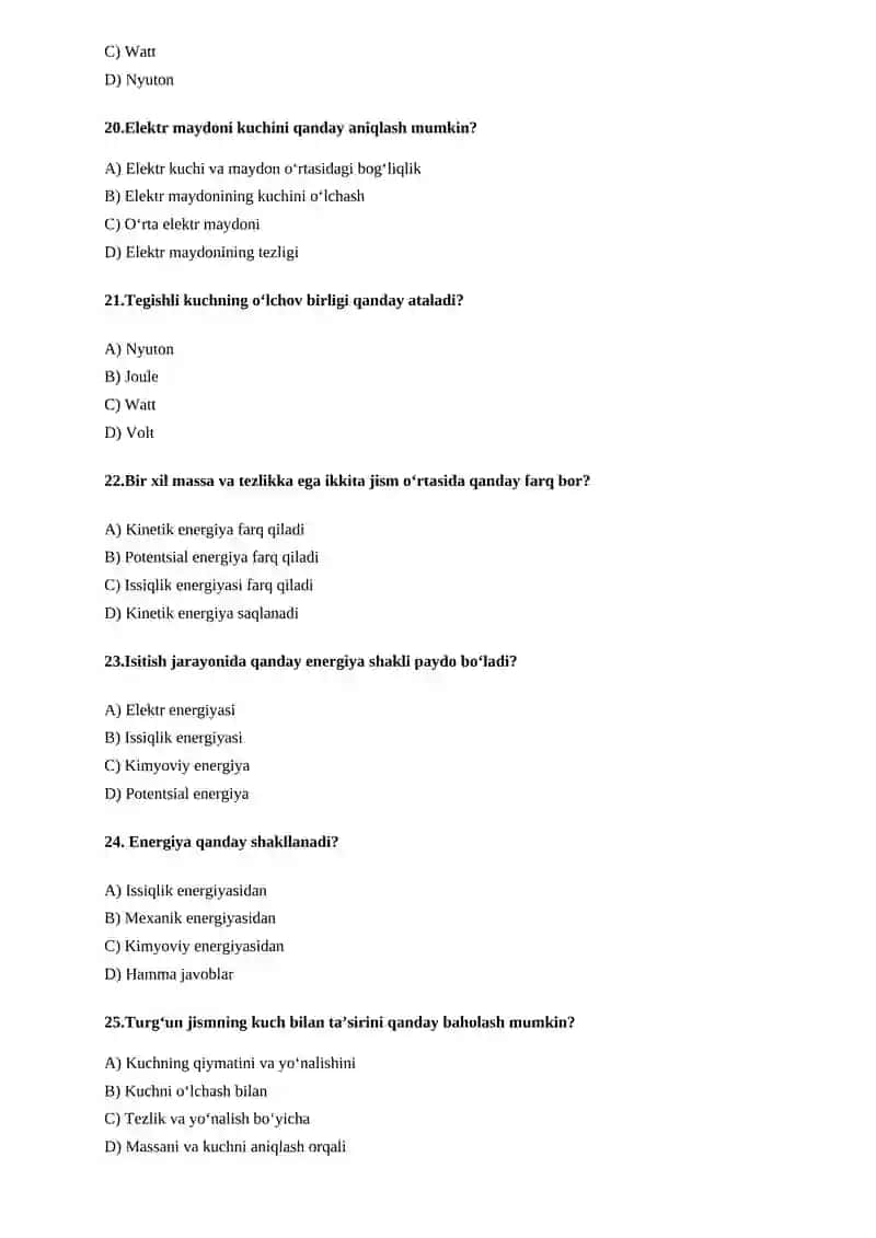 Fizika fanidan Test kalitlari bilan 4