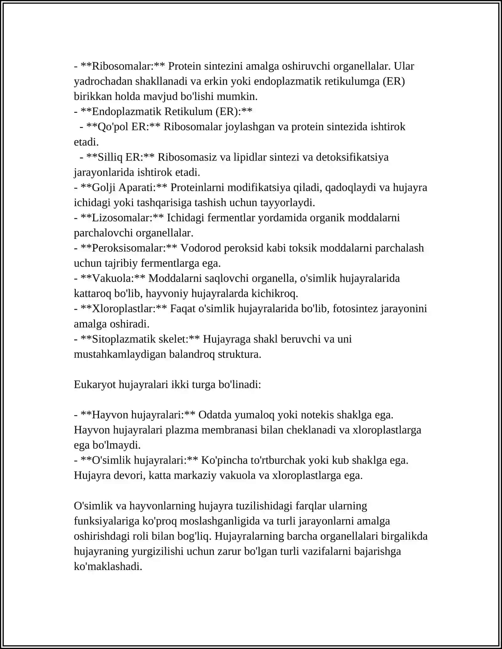 HUJAYRANING VAKUOLYAR TIZIMI-GOLJI APPARATI VA LIZASOMALAR. PEROLSISOMA, SFEROSOMA VA O'SIMLIK HUJAYRASI VAKUOLASINING TUZULISHI 4