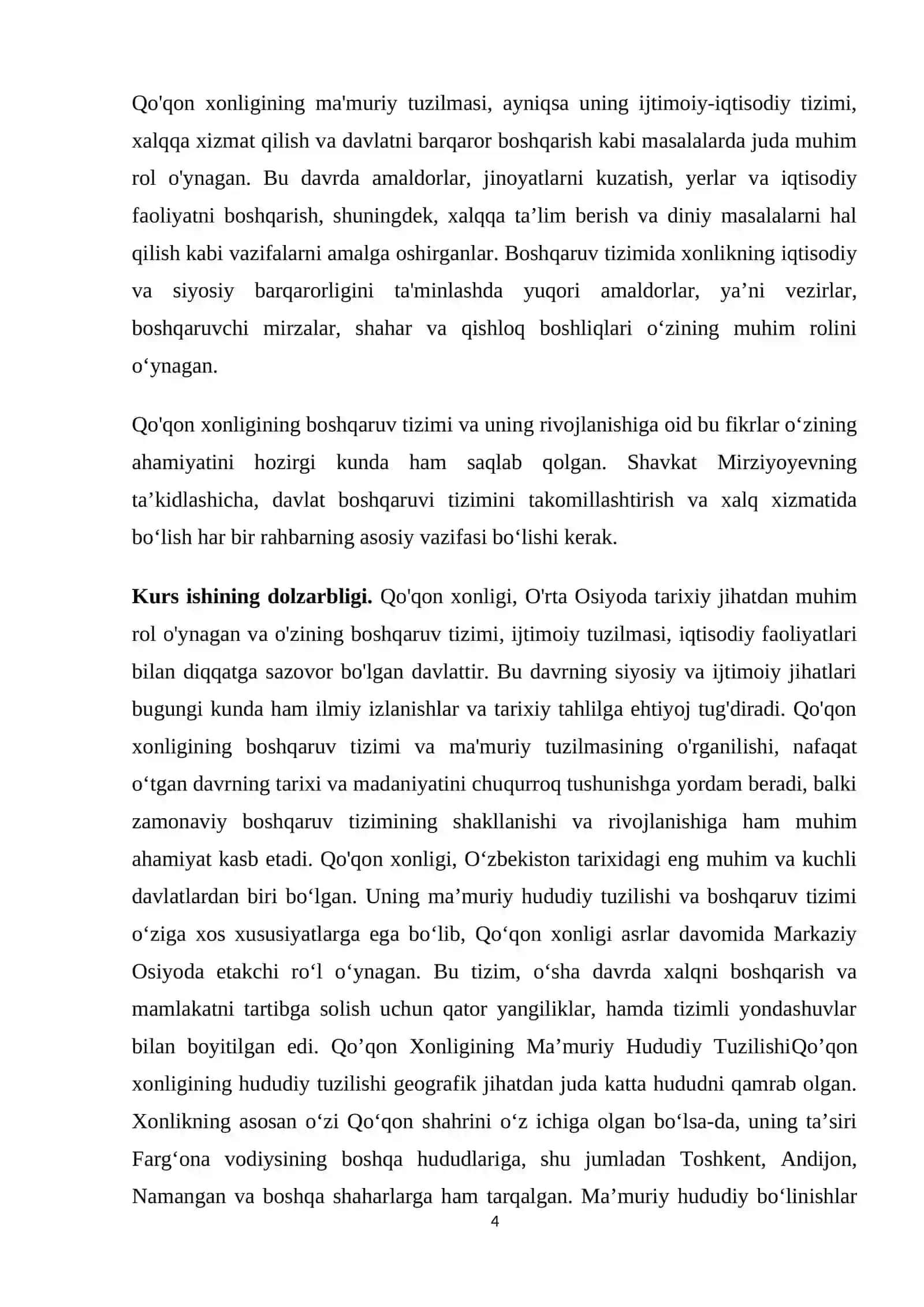 Kurs ishi: Qo’qon xonligining ma’muriy hududiy tuzilishi va boshqaruv tizimi 4