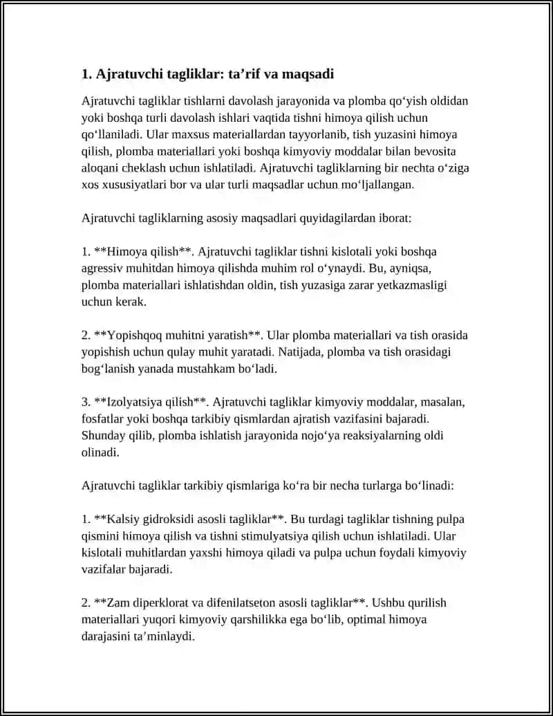 AJRATUVCHI VA DAVOLOVCHI TAGLIKLAR. POSFAT SEMENT ASOSLI PLOMBA ASHYOLARI. TURLARI, TARKIBI, XUSUSIYATLARI 4