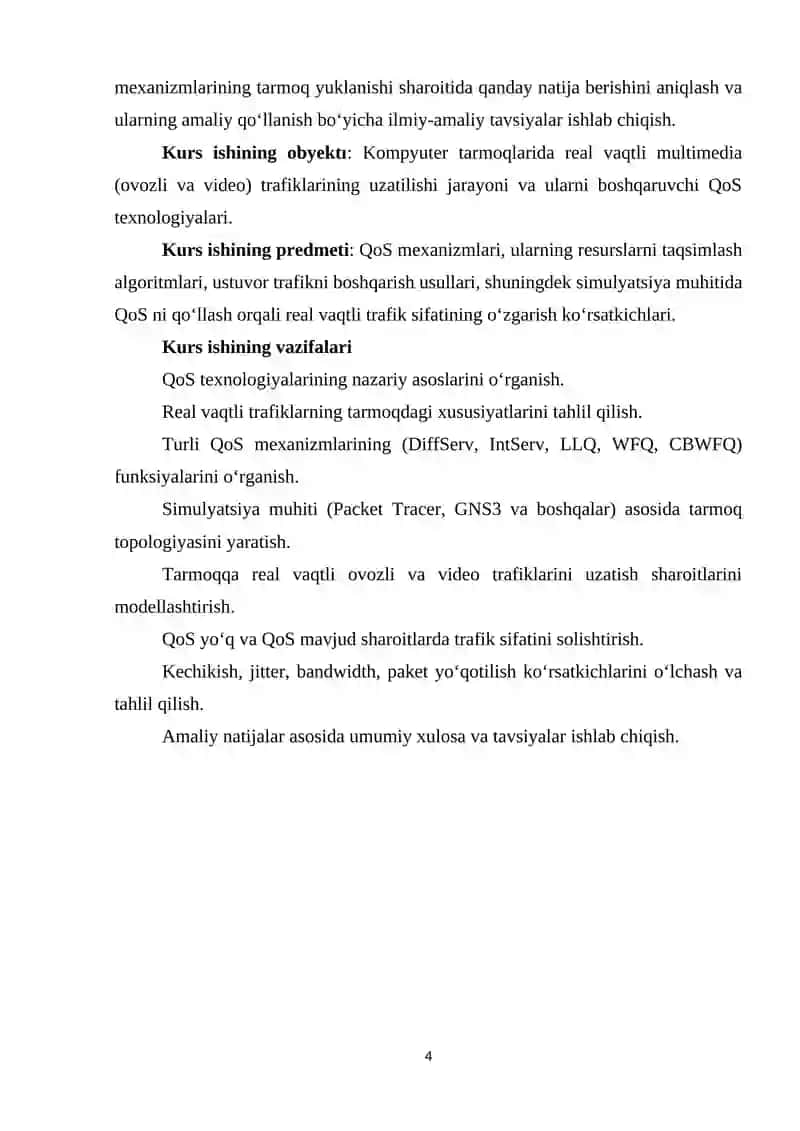 KI12 QoS texnologiyasining real vaqtli ovozli va video uzatishda ishlashini simulyatsiya orqali tahlil qilish. 4