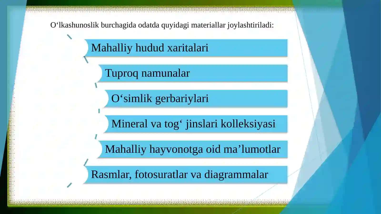 O'lkashunoslik burchagi va geografiya maydonchasining tabiatshunoslik fanini o'rganishdagi ahamiyati 4