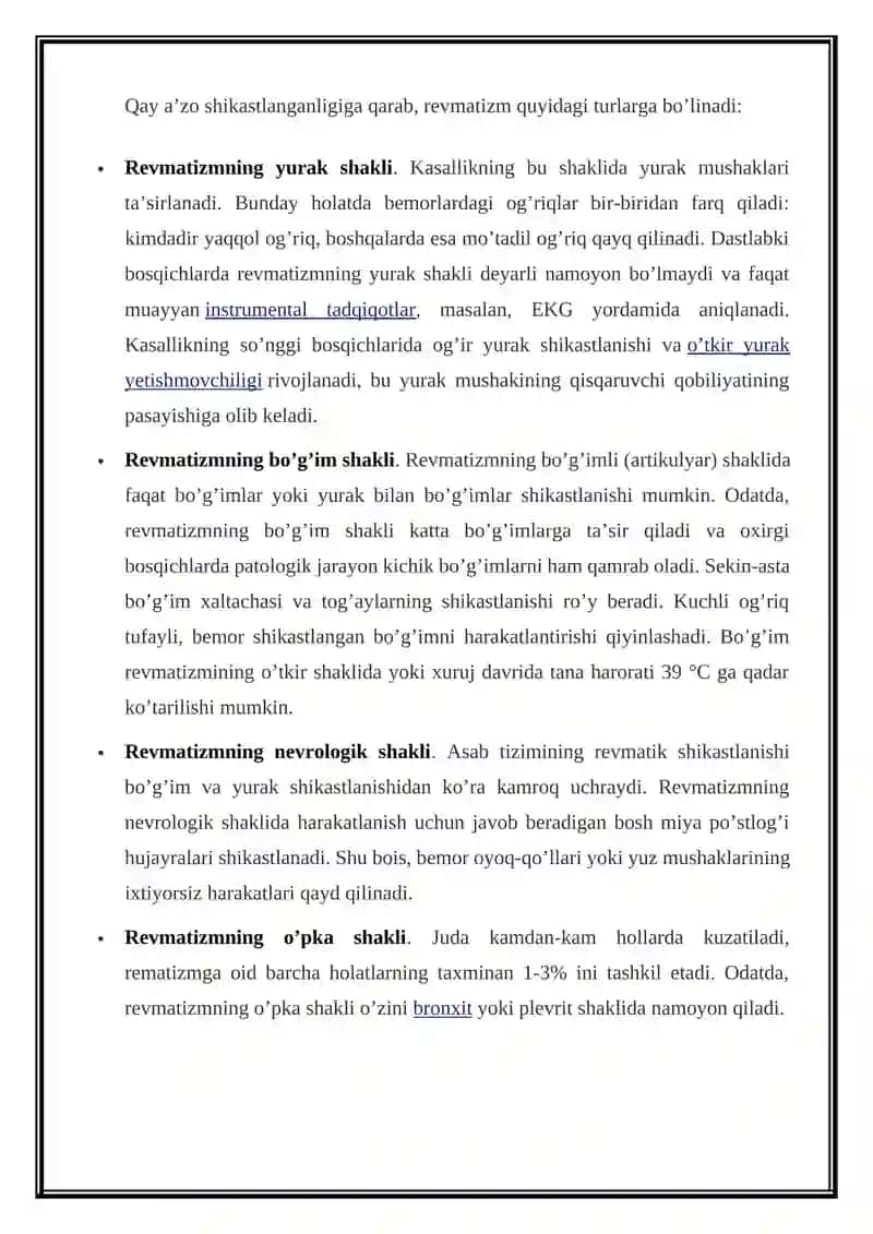 REVMATIZM KASALLIGI: ALOMATLARI, TASHXISLASH, DAVOLASH USULLARI, OLDINI OLISH, ASORATLANISHI 4