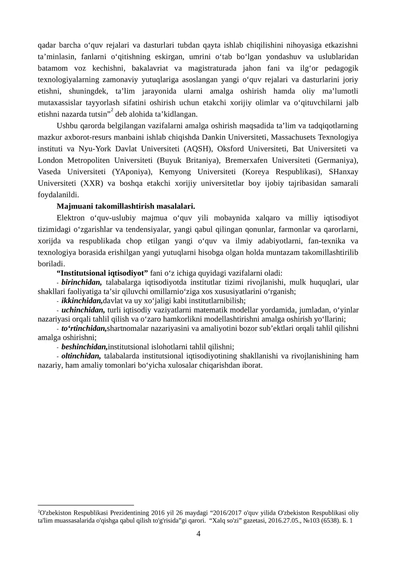INSTITUTSIONAL IQTISODIYOT FANIDAN O‘QUV USLUBIY MAJMUA 4