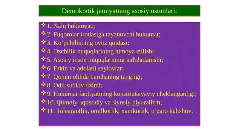 O‘zbekistonda demokratik, fuqorolik jamiyati asoslarining shakllanishi, amalga oshirilgan siyosiy islohotlar. 4